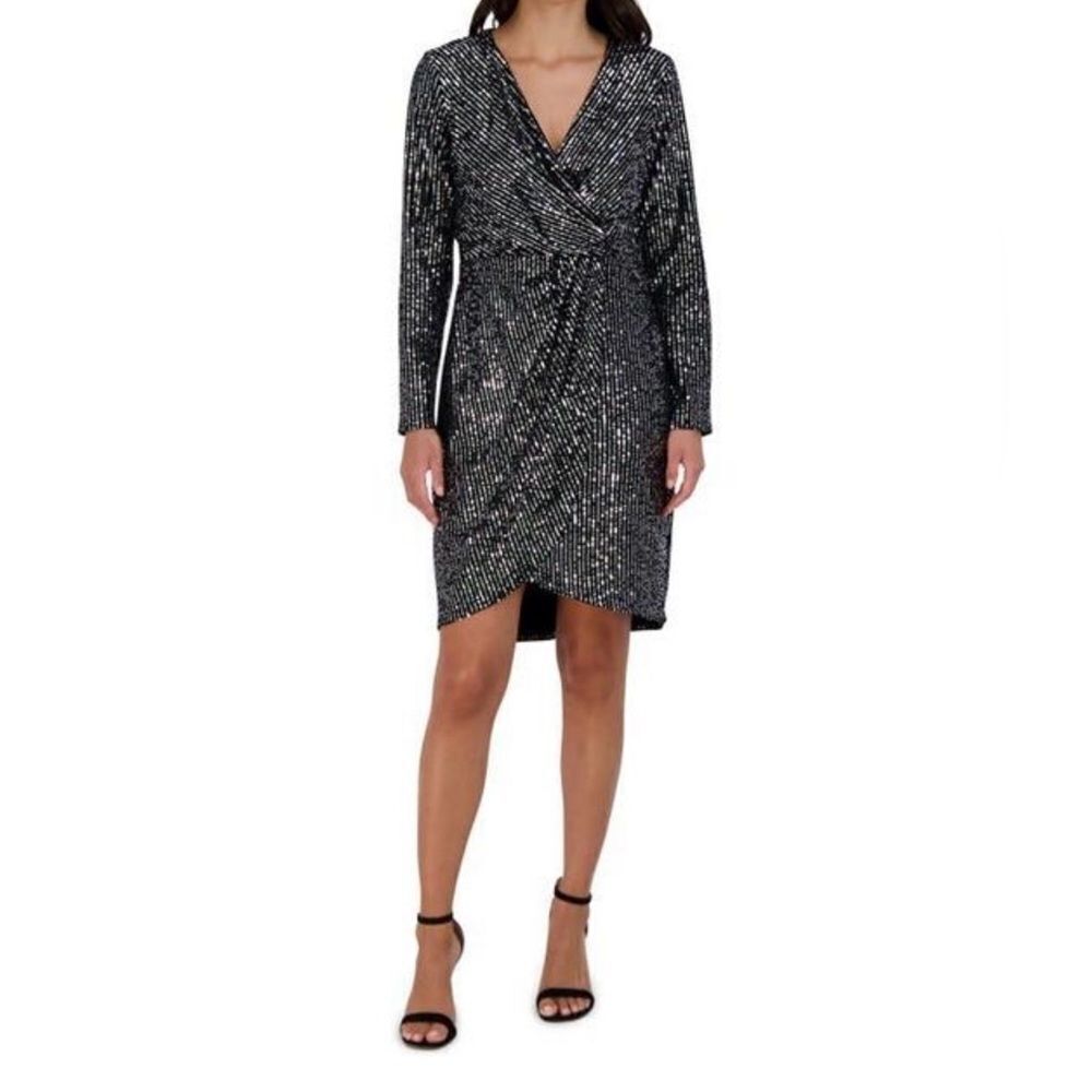 ✨ Julia Jordan Black & Silver Sequin Dress | Long Sleeve Wrap | NWT | Size 8